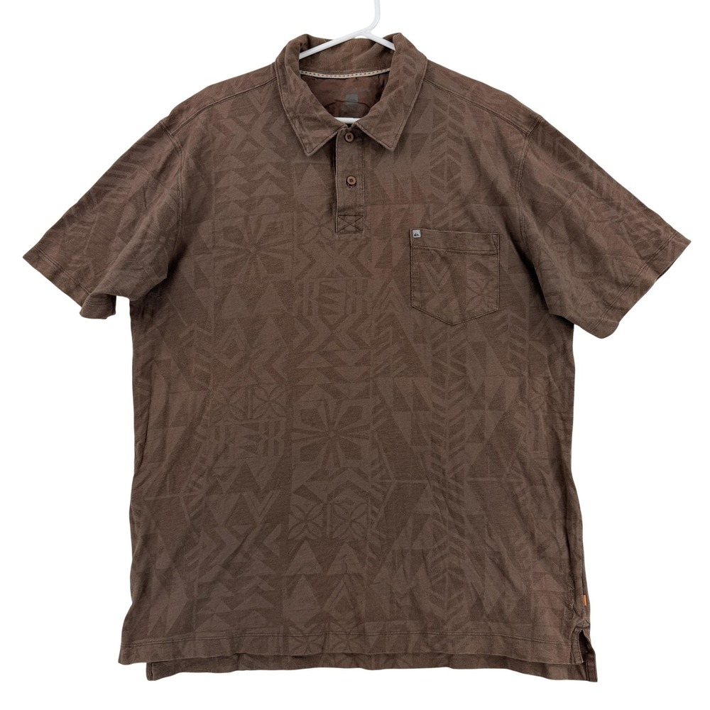 Quiksilver Polo Shirt Mens XL Brown Geometric Pocket Cotton Knit Hawaiian Top